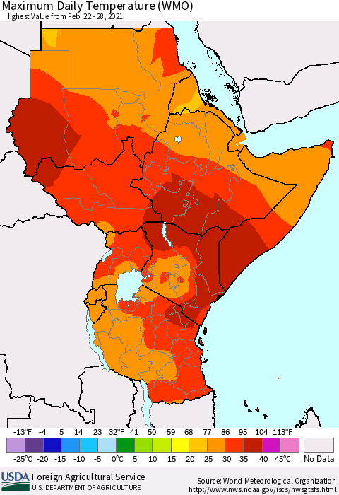 Eastern Africa Extreme Maximum Temperature (WMO) Thematic Map For 2/22/2021 - 2/28/2021
