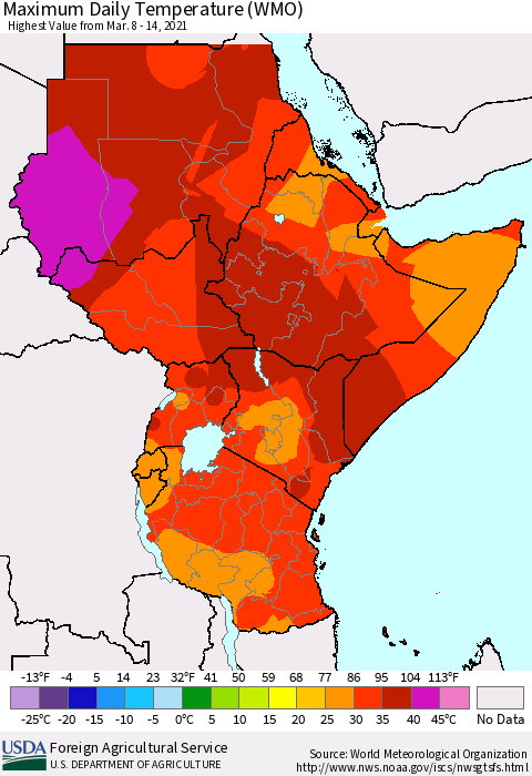 Eastern Africa Maximum Daily Temperature (WMO) Thematic Map For 3/8/2021 - 3/14/2021