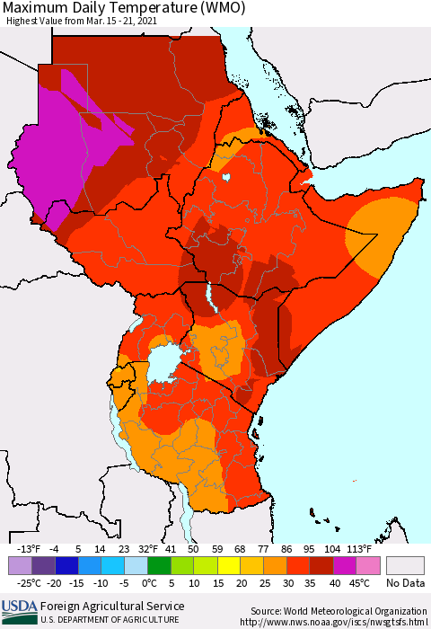 Eastern Africa Maximum Daily Temperature (WMO) Thematic Map For 3/15/2021 - 3/21/2021