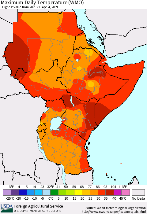 Eastern Africa Maximum Daily Temperature (WMO) Thematic Map For 3/29/2021 - 4/4/2021