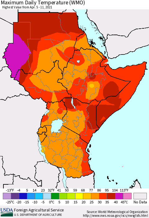 Eastern Africa Extreme Maximum Temperature (WMO) Thematic Map For 4/5/2021 - 4/11/2021