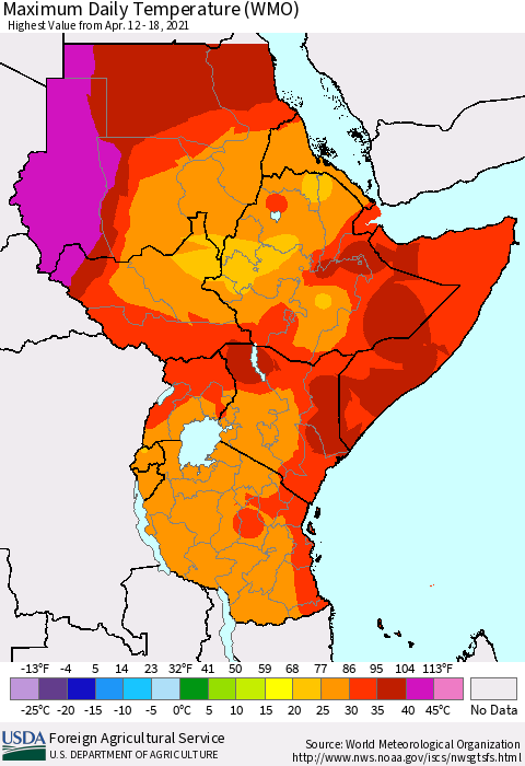 Eastern Africa Extreme Maximum Temperature (WMO) Thematic Map For 4/12/2021 - 4/18/2021