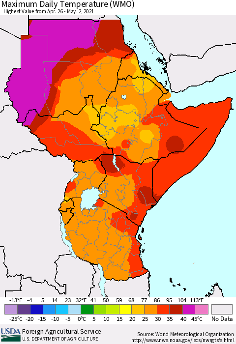 Eastern Africa Extreme Maximum Temperature (WMO) Thematic Map For 4/26/2021 - 5/2/2021