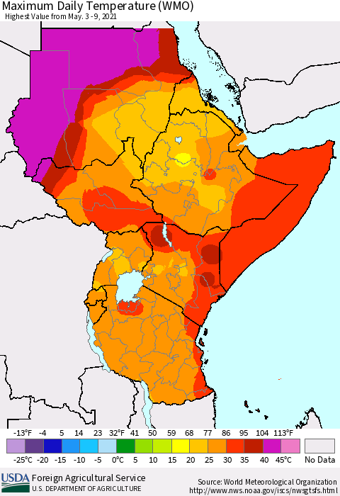 Eastern Africa Extreme Maximum Temperature (WMO) Thematic Map For 5/3/2021 - 5/9/2021