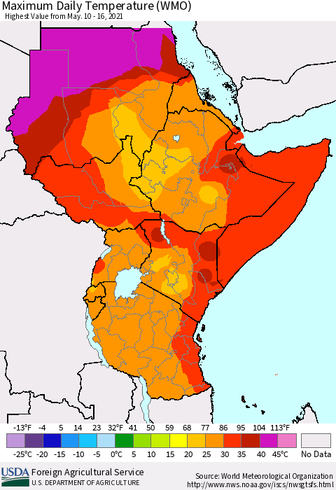 Eastern Africa Extreme Maximum Temperature (WMO) Thematic Map For 5/10/2021 - 5/16/2021