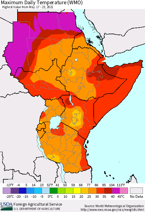 Eastern Africa Maximum Daily Temperature (WMO) Thematic Map For 5/17/2021 - 5/23/2021