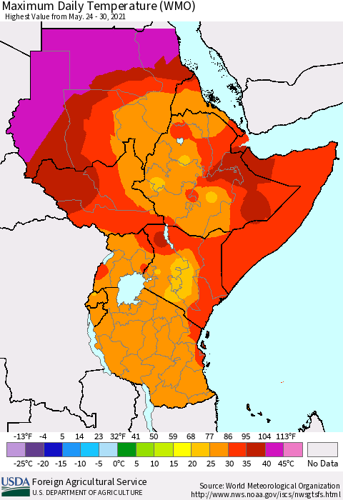 Eastern Africa Maximum Daily Temperature (WMO) Thematic Map For 5/24/2021 - 5/30/2021