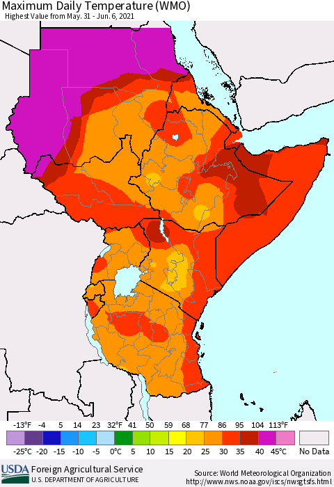 Eastern Africa Maximum Daily Temperature (WMO) Thematic Map For 5/31/2021 - 6/6/2021