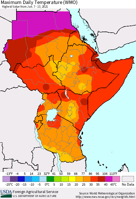Eastern Africa Extreme Maximum Temperature (WMO) Thematic Map For 6/7/2021 - 6/13/2021