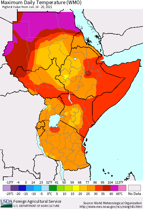 Eastern Africa Extreme Maximum Temperature (WMO) Thematic Map For 6/14/2021 - 6/20/2021