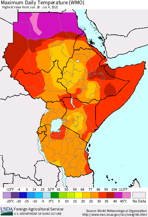 Eastern Africa Maximum Daily Temperature (WMO) Thematic Map For 6/28/2021 - 7/4/2021
