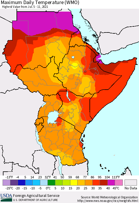 Eastern Africa Extreme Maximum Temperature (WMO) Thematic Map For 7/5/2021 - 7/11/2021