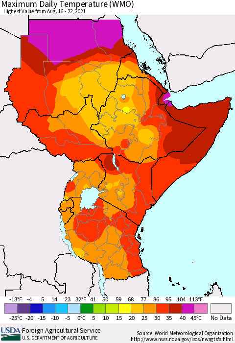 Eastern Africa Extreme Maximum Temperature (WMO) Thematic Map For 8/16/2021 - 8/22/2021