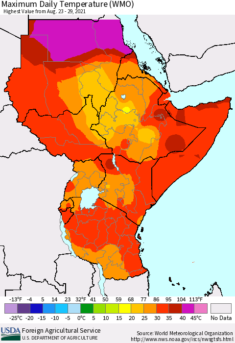 Eastern Africa Maximum Daily Temperature (WMO) Thematic Map For 8/23/2021 - 8/29/2021