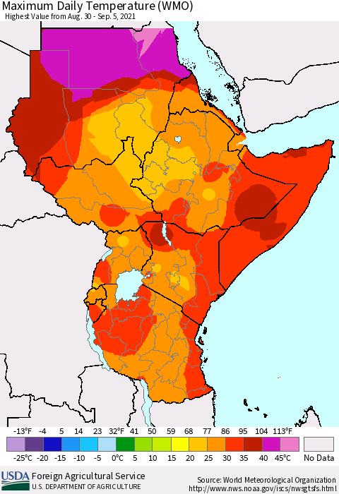 Eastern Africa Extreme Maximum Temperature (WMO) Thematic Map For 8/30/2021 - 9/5/2021