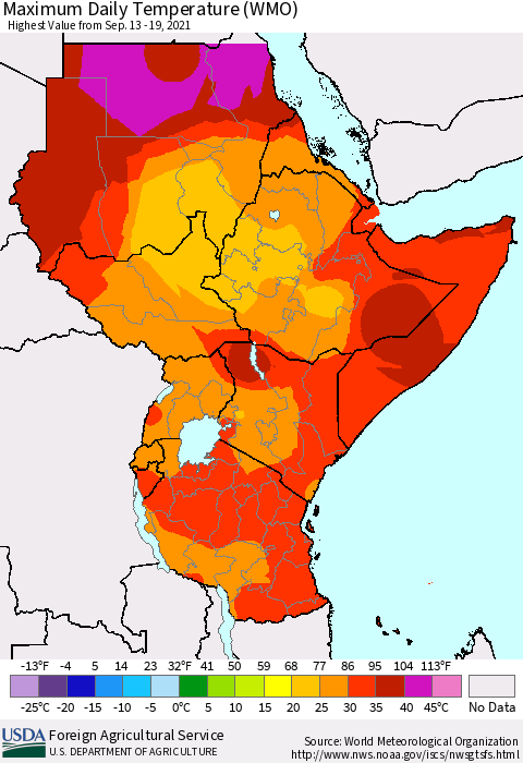 Eastern Africa Extreme Maximum Temperature (WMO) Thematic Map For 9/13/2021 - 9/19/2021