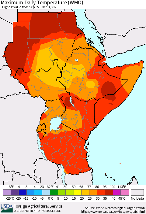 Eastern Africa Extreme Maximum Temperature (WMO) Thematic Map For 9/27/2021 - 10/3/2021