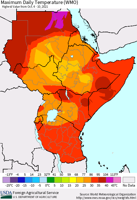 Eastern Africa Extreme Maximum Temperature (WMO) Thematic Map For 10/4/2021 - 10/10/2021