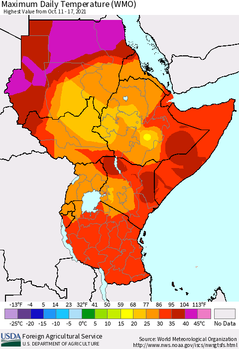Eastern Africa Maximum Daily Temperature (WMO) Thematic Map For 10/11/2021 - 10/17/2021