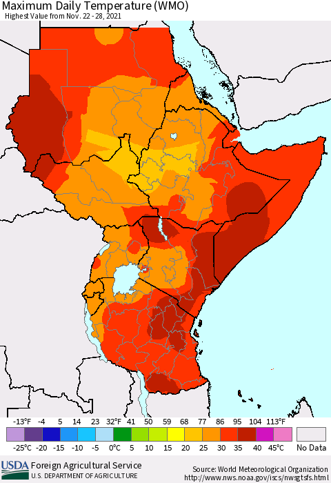 Eastern Africa Extreme Maximum Temperature (WMO) Thematic Map For 11/22/2021 - 11/28/2021