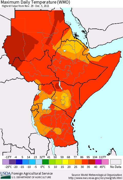 Eastern Africa Extreme Maximum Temperature (WMO) Thematic Map For 11/29/2021 - 12/5/2021