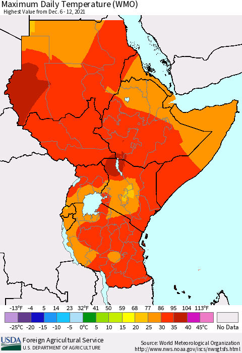 Eastern Africa Extreme Maximum Temperature (WMO) Thematic Map For 12/6/2021 - 12/12/2021