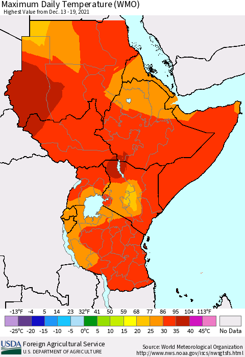 Eastern Africa Maximum Daily Temperature (WMO) Thematic Map For 12/13/2021 - 12/19/2021