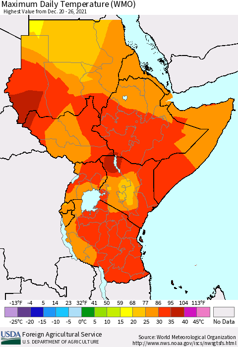 Eastern Africa Extreme Maximum Temperature (WMO) Thematic Map For 12/20/2021 - 12/26/2021