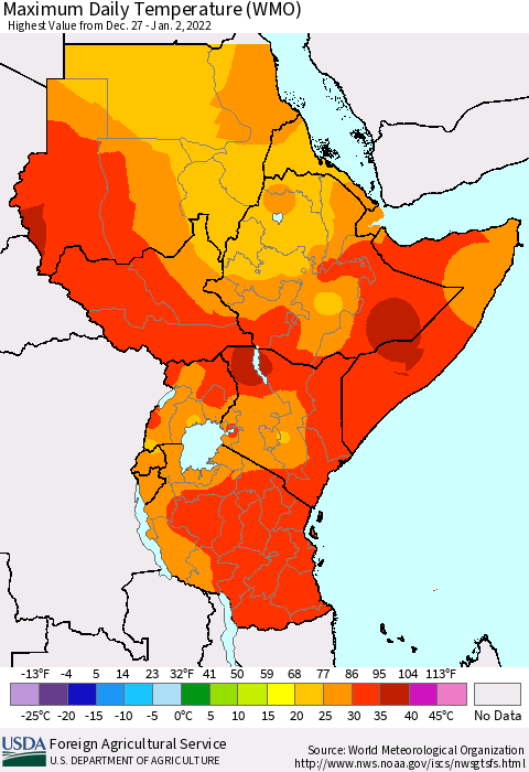Eastern Africa Extreme Maximum Temperature (WMO) Thematic Map For 12/27/2021 - 1/2/2022