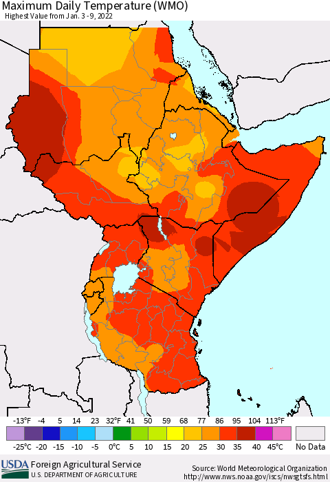 Eastern Africa Maximum Daily Temperature (WMO) Thematic Map For 1/3/2022 - 1/9/2022