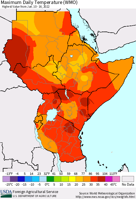 Eastern Africa Extreme Maximum Temperature (WMO) Thematic Map For 1/10/2022 - 1/16/2022