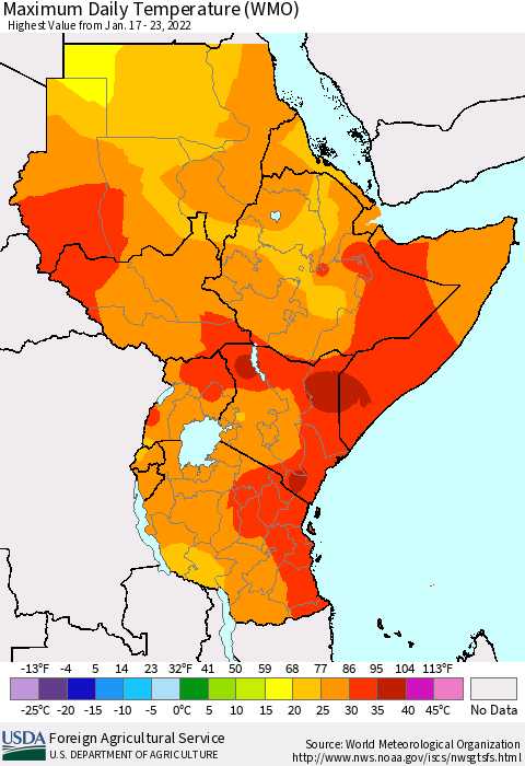 Eastern Africa Extreme Maximum Temperature (WMO) Thematic Map For 1/17/2022 - 1/23/2022