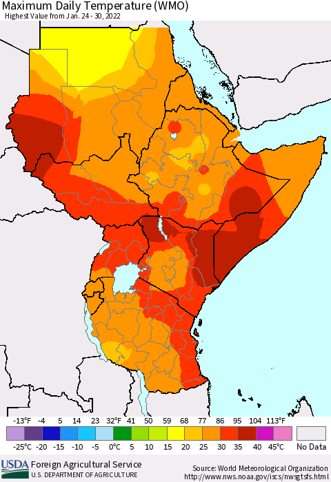 Eastern Africa Maximum Daily Temperature (WMO) Thematic Map For 1/24/2022 - 1/30/2022