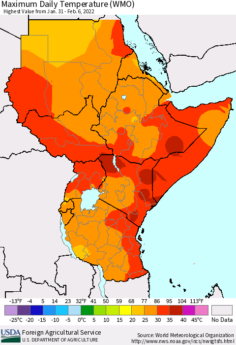 Eastern Africa Maximum Daily Temperature (WMO) Thematic Map For 1/31/2022 - 2/6/2022