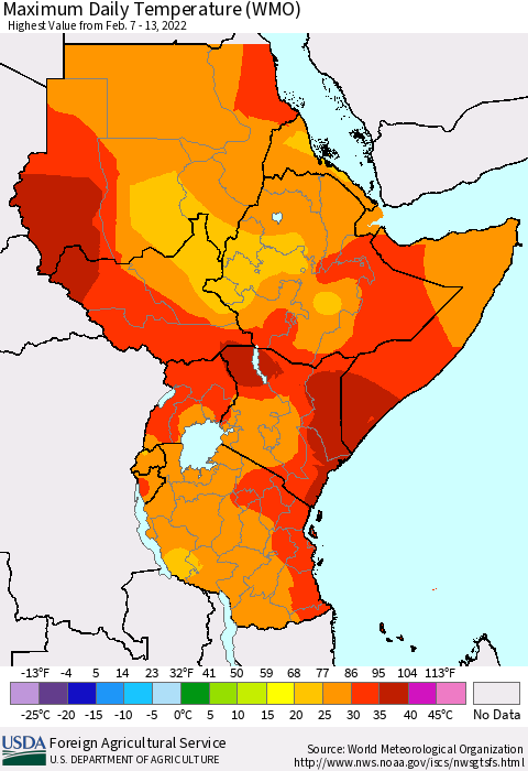 Eastern Africa Maximum Daily Temperature (WMO) Thematic Map For 2/7/2022 - 2/13/2022