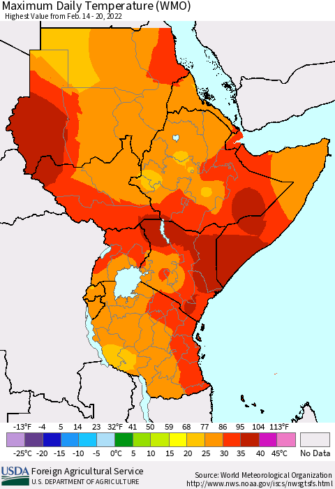 Eastern Africa Maximum Daily Temperature (WMO) Thematic Map For 2/14/2022 - 2/20/2022