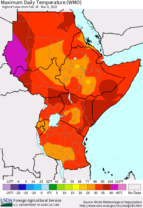 Eastern Africa Maximum Daily Temperature (WMO) Thematic Map For 2/28/2022 - 3/6/2022