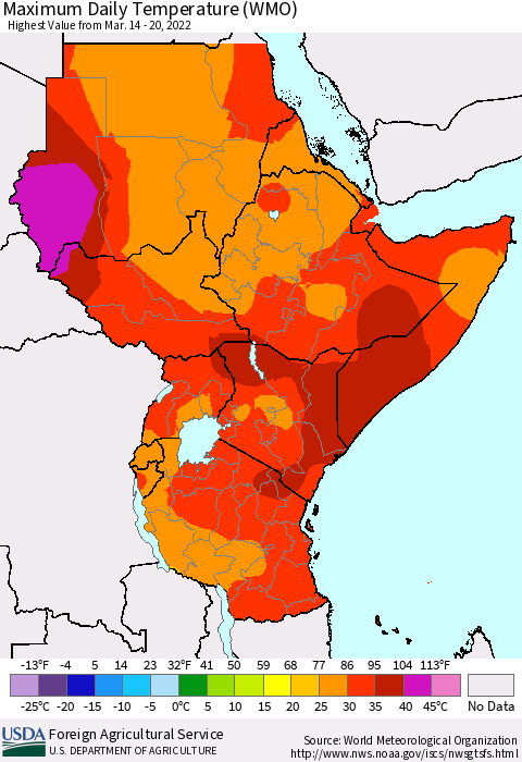 Eastern Africa Extreme Maximum Temperature (WMO) Thematic Map For 3/14/2022 - 3/20/2022