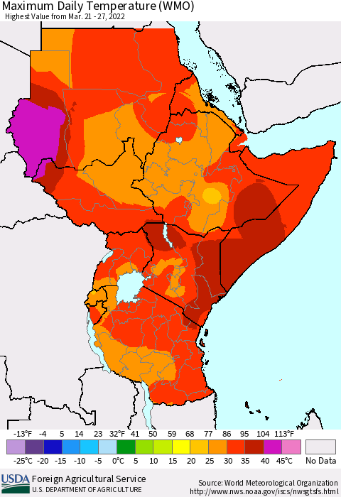 Eastern Africa Extreme Maximum Temperature (WMO) Thematic Map For 3/21/2022 - 3/27/2022