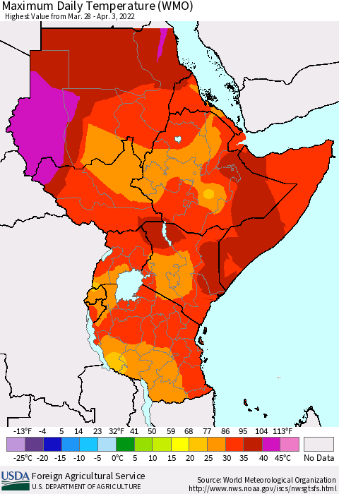 Eastern Africa Extreme Maximum Temperature (WMO) Thematic Map For 3/28/2022 - 4/3/2022