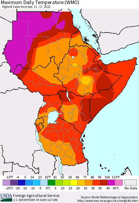 Eastern Africa Extreme Maximum Temperature (WMO) Thematic Map For 4/11/2022 - 4/17/2022