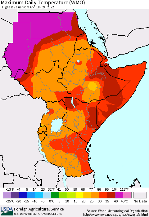 Eastern Africa Extreme Maximum Temperature (WMO) Thematic Map For 4/18/2022 - 4/24/2022