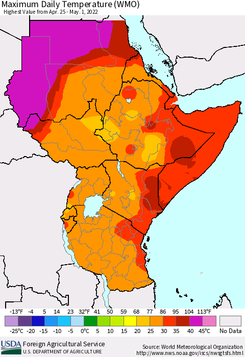 Eastern Africa Extreme Maximum Temperature (WMO) Thematic Map For 4/25/2022 - 5/1/2022