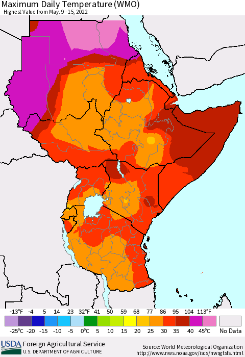 Eastern Africa Maximum Daily Temperature (WMO) Thematic Map For 5/9/2022 - 5/15/2022