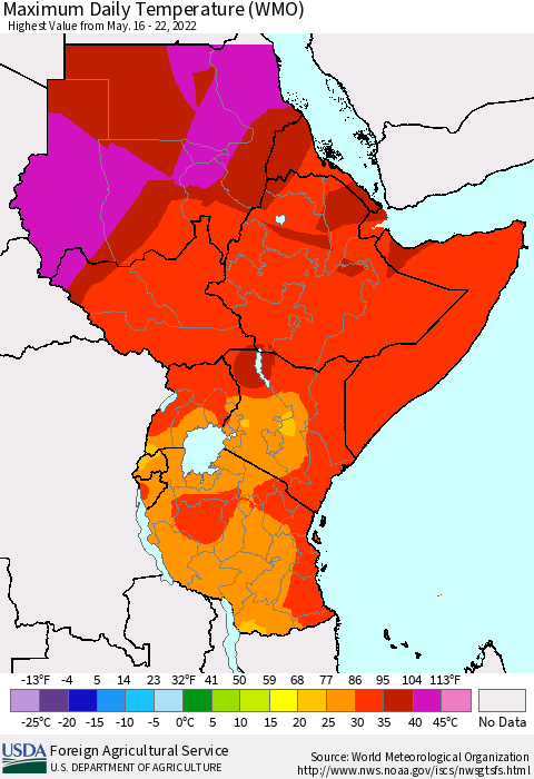 Eastern Africa Extreme Maximum Temperature (WMO) Thematic Map For 5/16/2022 - 5/22/2022