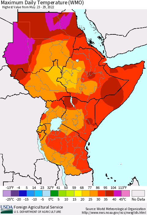 Eastern Africa Extreme Maximum Temperature (WMO) Thematic Map For 5/23/2022 - 5/29/2022