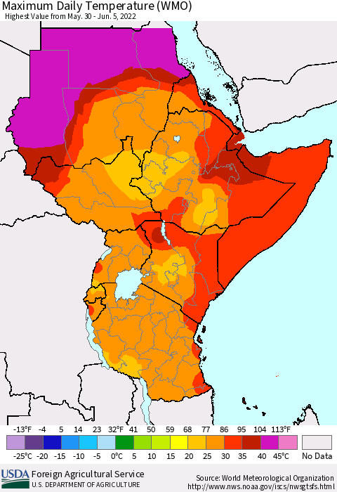 Eastern Africa Maximum Daily Temperature (WMO) Thematic Map For 5/30/2022 - 6/5/2022
