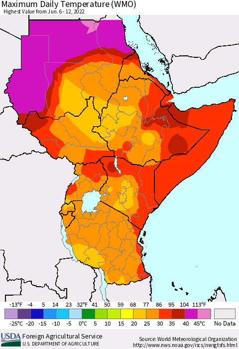 Eastern Africa Extreme Maximum Temperature (WMO) Thematic Map For 6/6/2022 - 6/12/2022