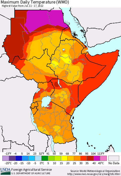 Eastern Africa Extreme Maximum Temperature (WMO) Thematic Map For 7/11/2022 - 7/17/2022