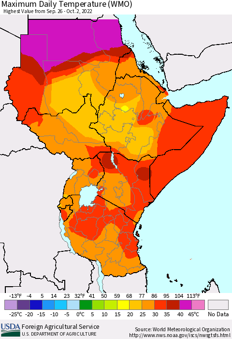 Eastern Africa Maximum Daily Temperature (WMO) Thematic Map For 9/26/2022 - 10/2/2022